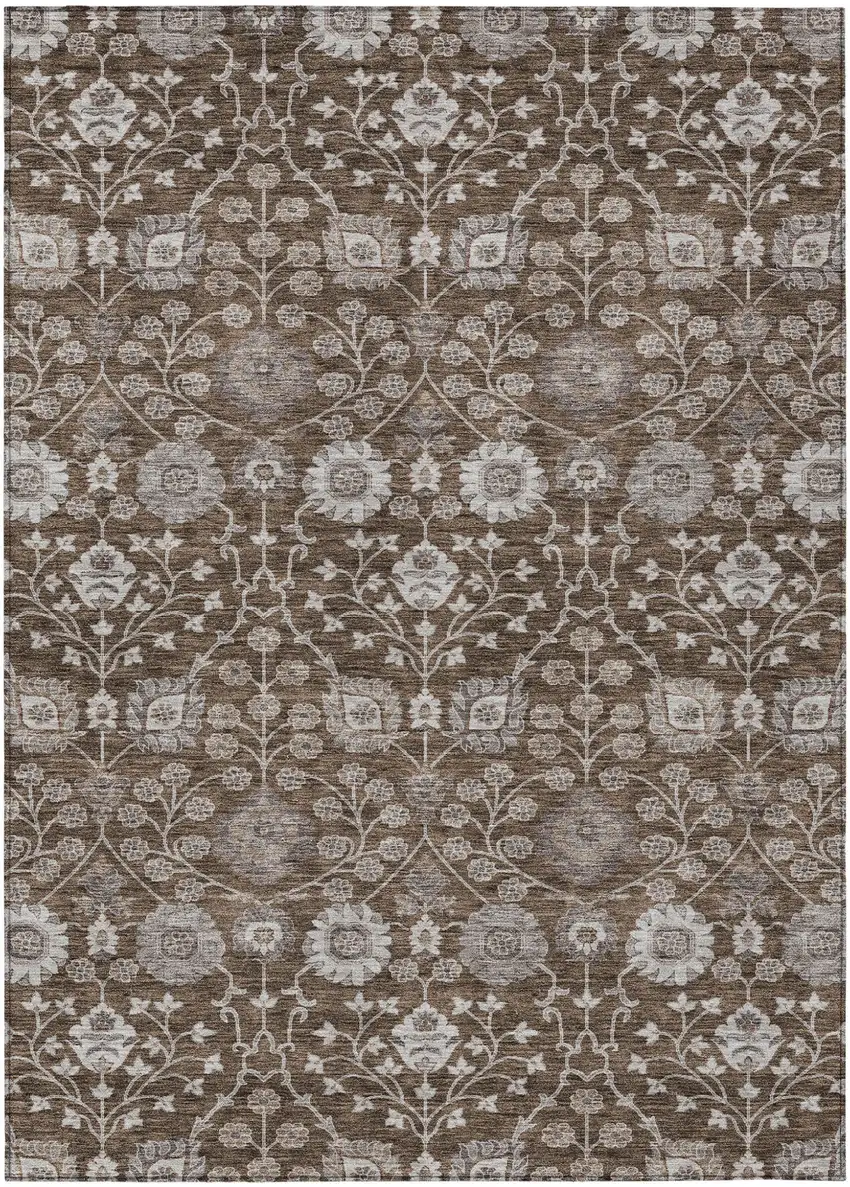 Chocolate Beige And Gray Floral Washable Indoor Outdoor Area Rug Photo 2