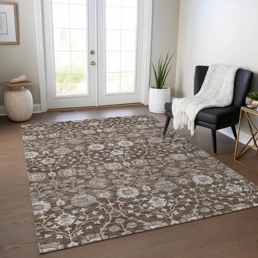 Chocolate Beige And Gray Floral Washable Indoor Outdoor Area Rug Photo 8