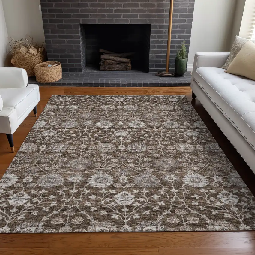 Chocolate Beige And Gray Floral Washable Indoor Outdoor Area Rug Photo 9