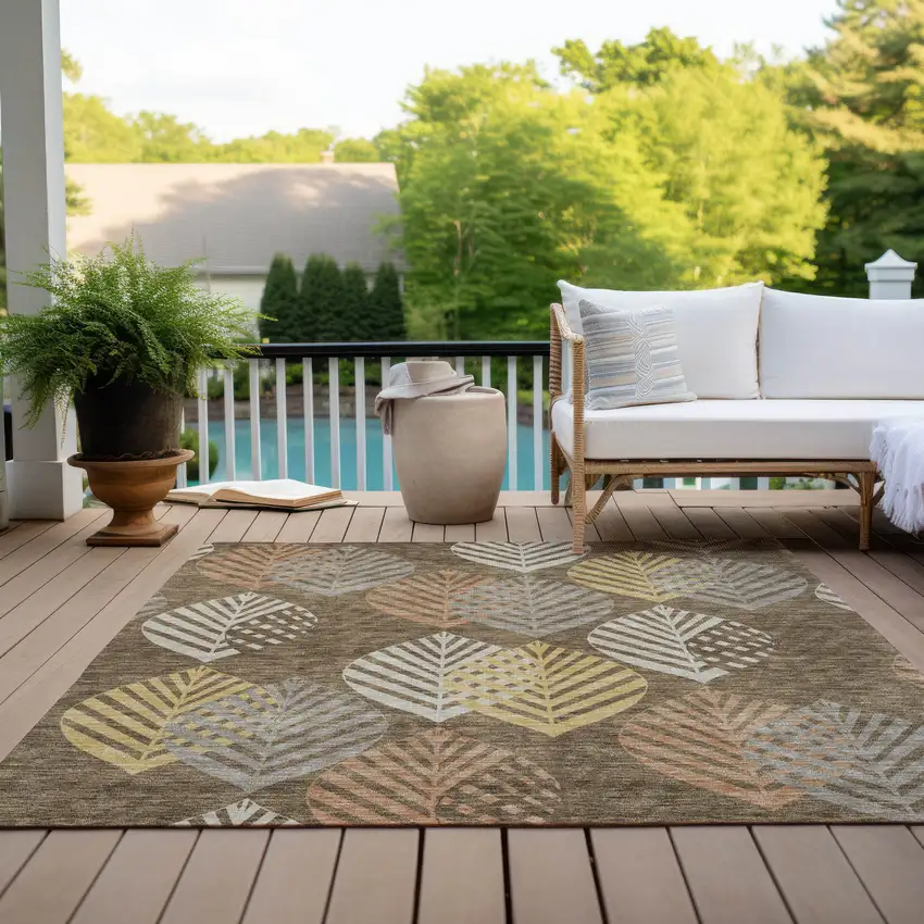 Chocolate Beige And Gray Floral Washable Indoor Outdoor Area Rug Photo 9