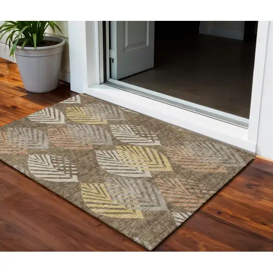 Chocolate Beige And Gray Floral Washable Indoor Outdoor Area Rug Photo 1