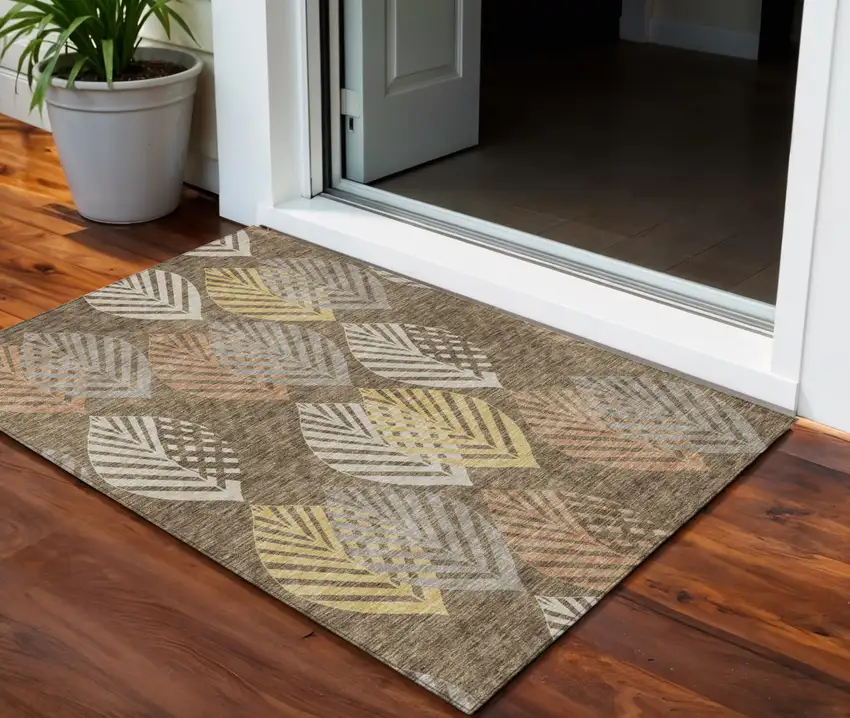 Chocolate Beige And Gray Floral Washable Indoor Outdoor Area Rug Photo 1