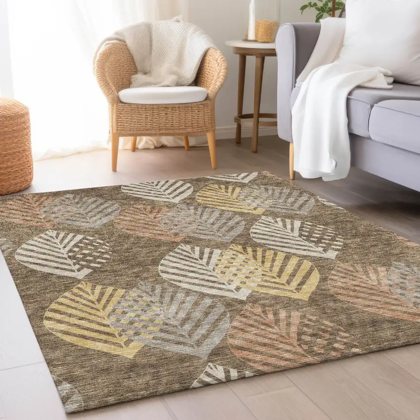 Chocolate Beige And Gray Floral Washable Indoor Outdoor Area Rug Photo 8