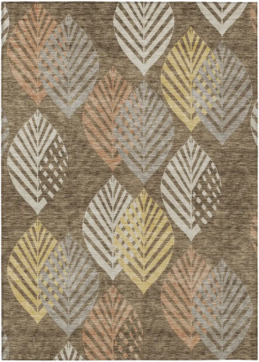 Chocolate Beige And Gray Floral Washable Indoor Outdoor Area Rug Photo 1