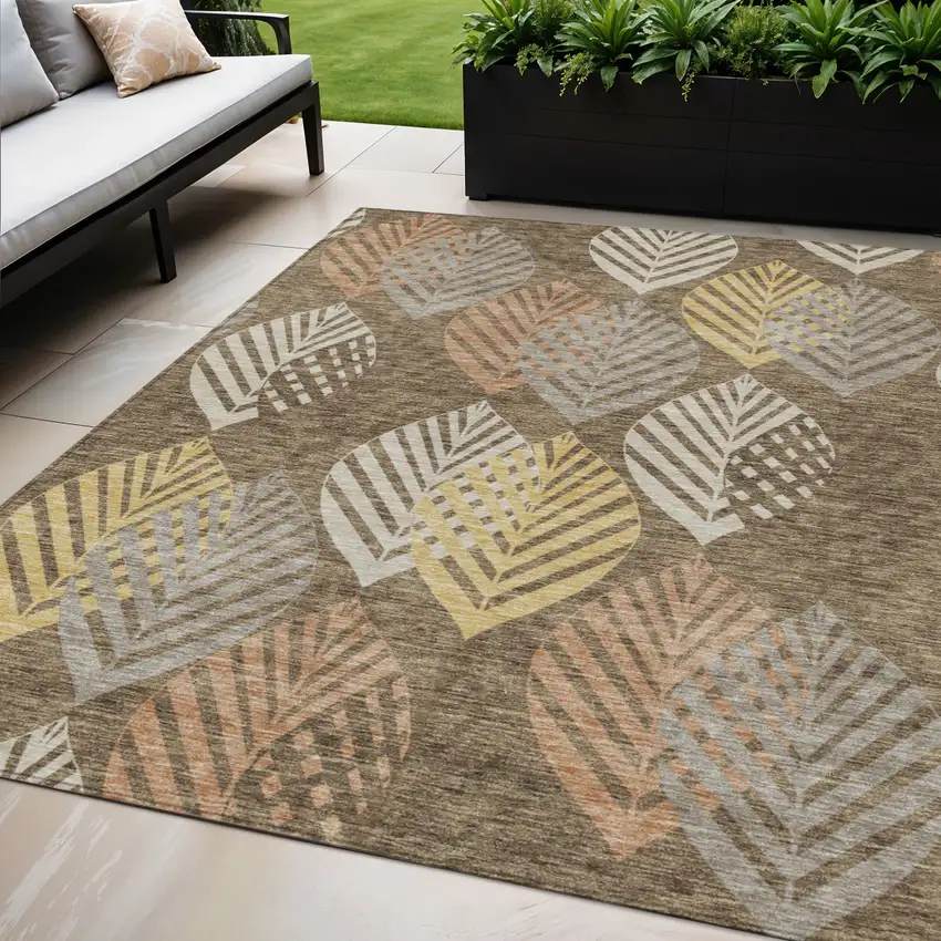 Chocolate Beige And Gray Floral Washable Indoor Outdoor Area Rug Photo 1