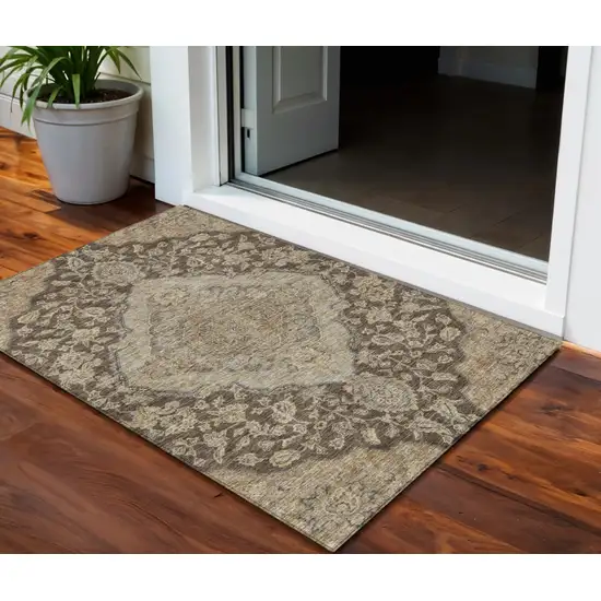 Chocolate Beige And Gray Oriental Washable Indoor Outdoor Area Rug Photo 1