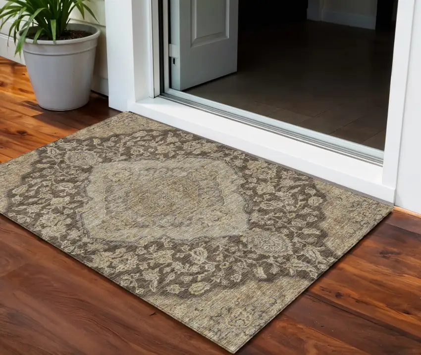 Chocolate Beige And Gray Oriental Washable Indoor Outdoor Area Rug Photo 1