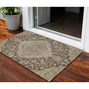 Photo of Chocolate Beige And Gray Oriental Washable Indoor Outdoor Area Rug