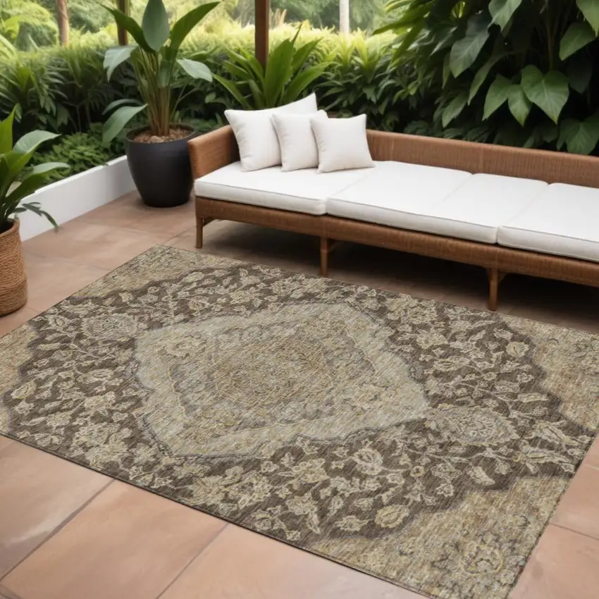 Chocolate Beige And Gray Oriental Washable Indoor Outdoor Area Rug Photo 1