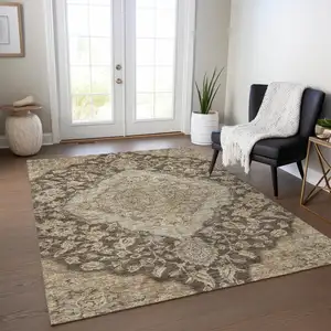 Photo of Chocolate Beige And Gray Oriental Washable Indoor Outdoor Area Rug