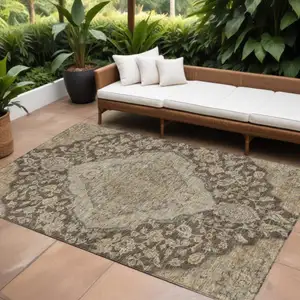 Photo of Chocolate Beige And Gray Oriental Washable Indoor Outdoor Area Rug