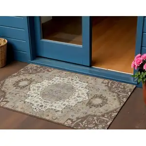 Photo of Chocolate Beige And Gray Oriental Washable Indoor Outdoor Area Rug