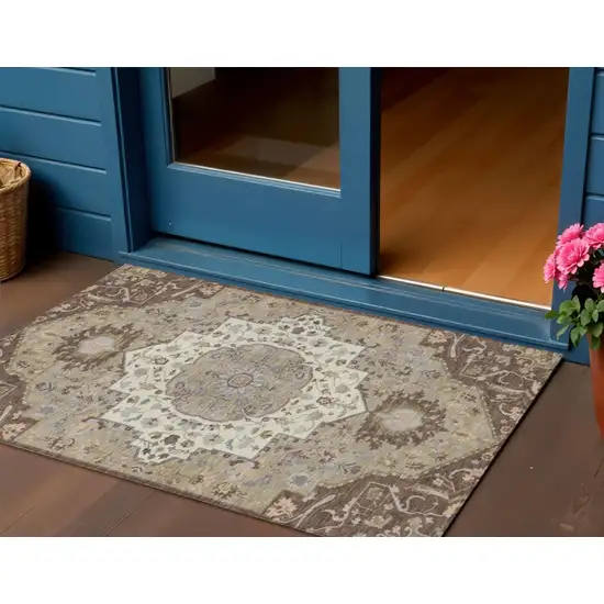 Chocolate Beige And Gray Oriental Washable Indoor Outdoor Area Rug Photo 1