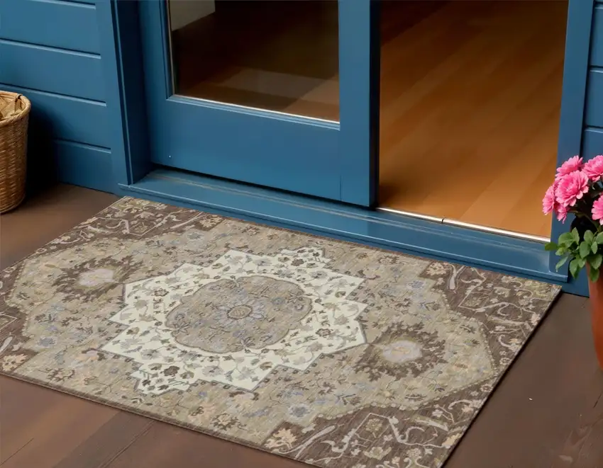 Chocolate Beige And Gray Oriental Washable Indoor Outdoor Area Rug Photo 1