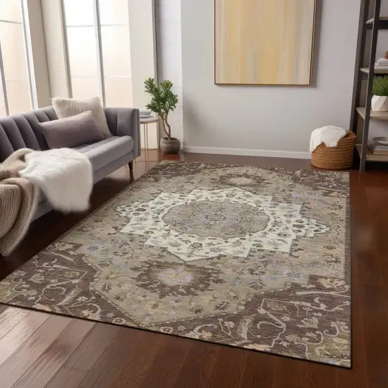 Chocolate Beige And Gray Oriental Washable Indoor Outdoor Area Rug Photo 9