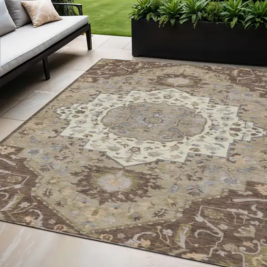 Chocolate Beige And Gray Oriental Washable Indoor Outdoor Area Rug Photo 1