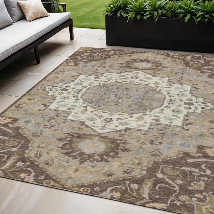 Chocolate Beige And Gray Oriental Washable Indoor Outdoor Area Rug Photo 1