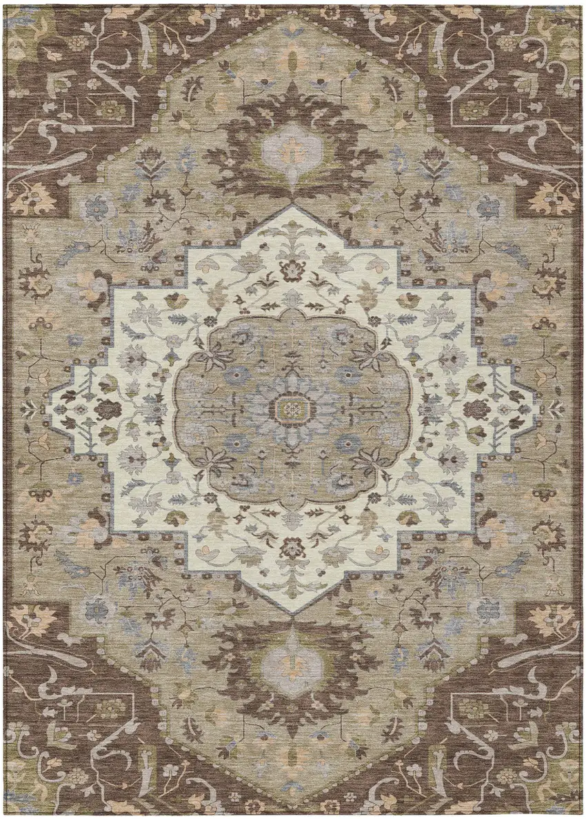 Chocolate Beige And Gray Oriental Washable Indoor Outdoor Area Rug Photo 2