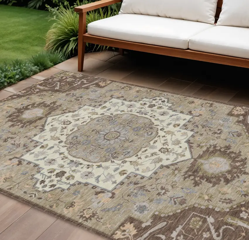 Chocolate Beige And Gray Oriental Washable Indoor Outdoor Area Rug Photo 1