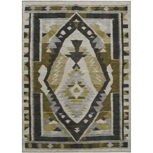 Photo of Chocolate Beige And Gray Tribal Washable Indoor Outdoor Area Rug