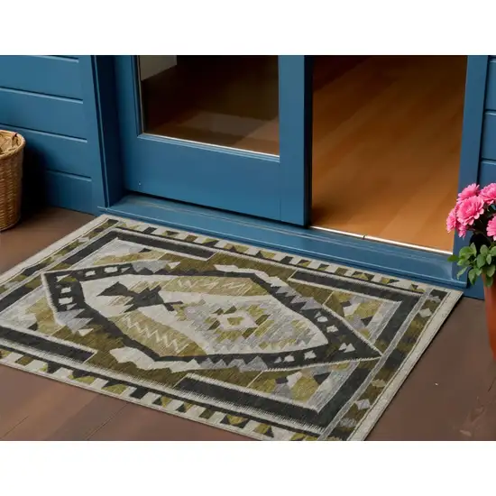 Chocolate Beige And Gray Tribal Washable Indoor Outdoor Area Rug Photo 2