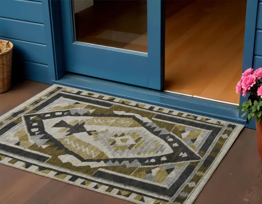 Chocolate Beige And Gray Tribal Washable Indoor Outdoor Area Rug Photo 2