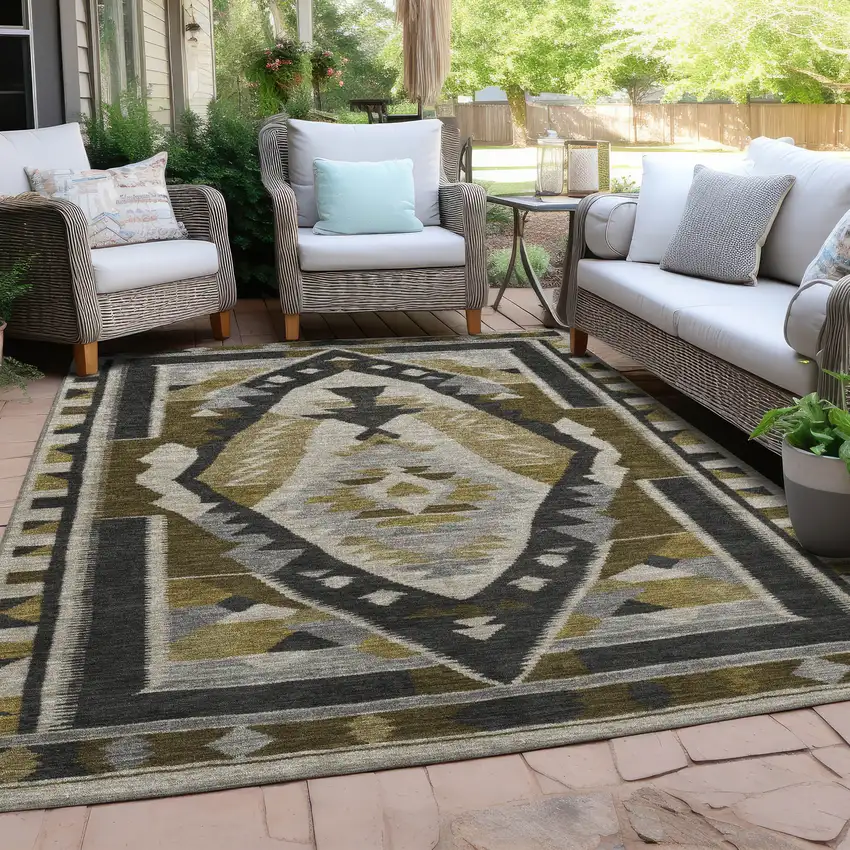 Chocolate Beige And Gray Tribal Washable Indoor Outdoor Area Rug Photo 5