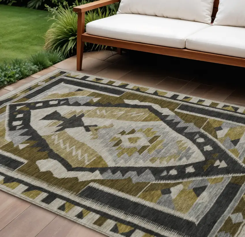 Chocolate Beige And Gray Tribal Washable Indoor Outdoor Area Rug Photo 2