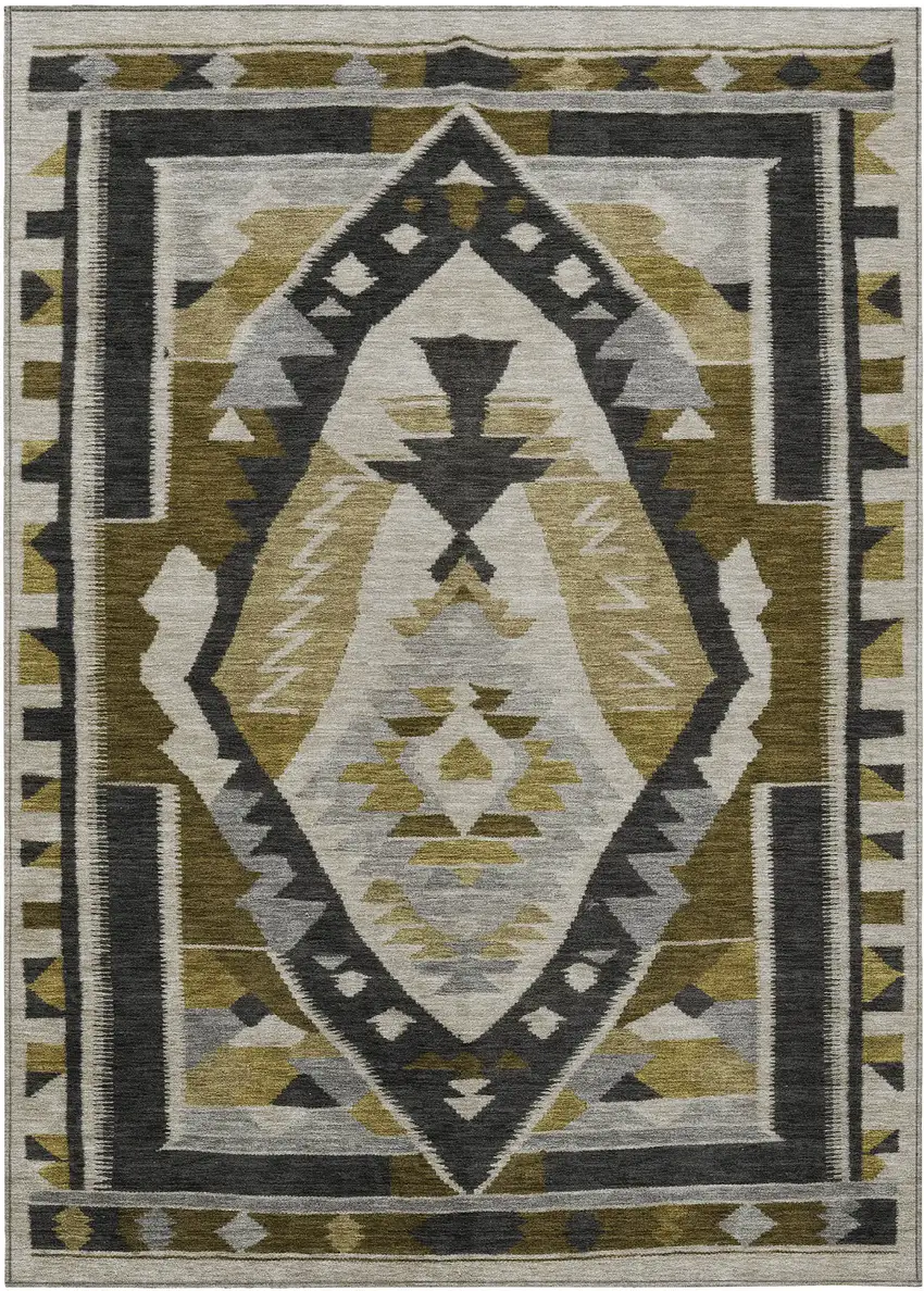 Chocolate Beige And Gray Tribal Washable Indoor Outdoor Area Rug Photo 1