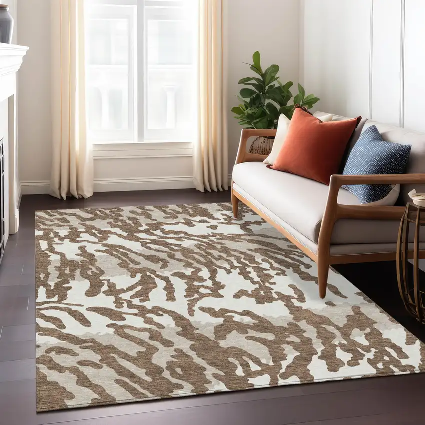 Chocolate Beige And Ivory Animal Print Washable Indoor Outdoor Area Rug Photo 9