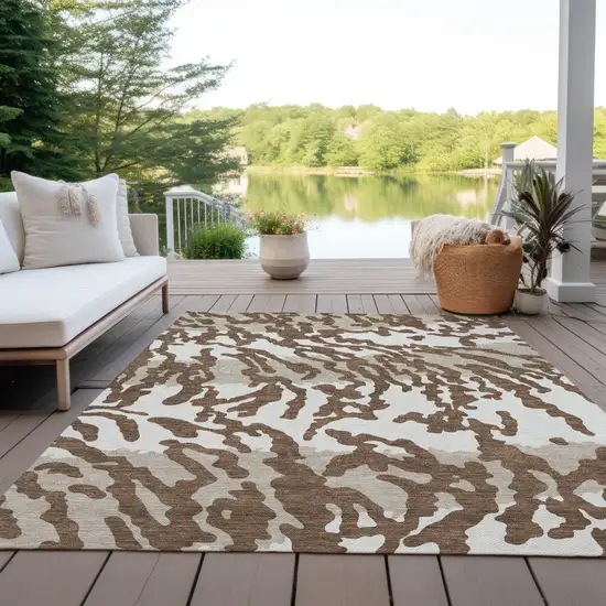 Chocolate Beige And Ivory Animal Print Washable Indoor Outdoor Area Rug Photo 7