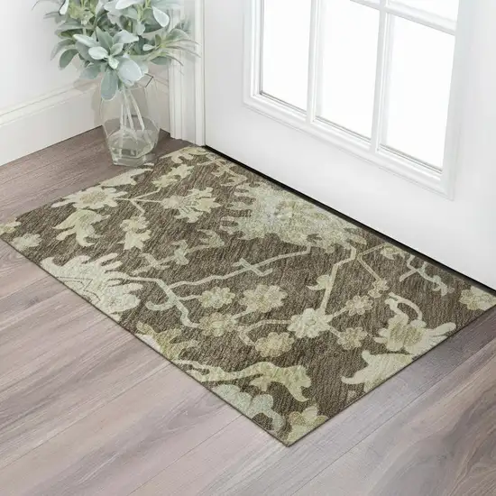 Chocolate Beige And Ivory Floral Medallion Washable Area Rug With UV Protection Photo 2