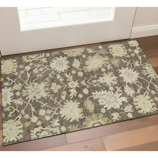Chocolate Beige And Ivory Floral Medallion Washable Area Rug With UV Protection Photo 1