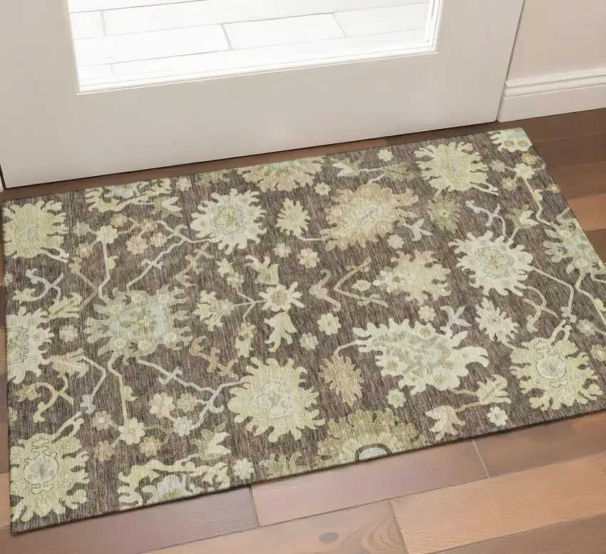 Chocolate Beige And Ivory Floral Medallion Washable Area Rug With UV Protection Photo 1