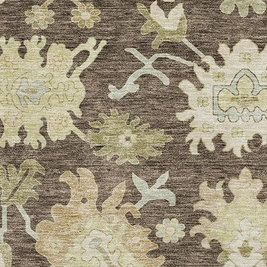 Chocolate Beige And Ivory Floral Medallion Washable Area Rug With UV Protection Photo 4