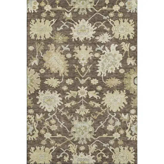 Chocolate Beige And Ivory Floral Medallion Washable Area Rug With UV Protection Photo 4