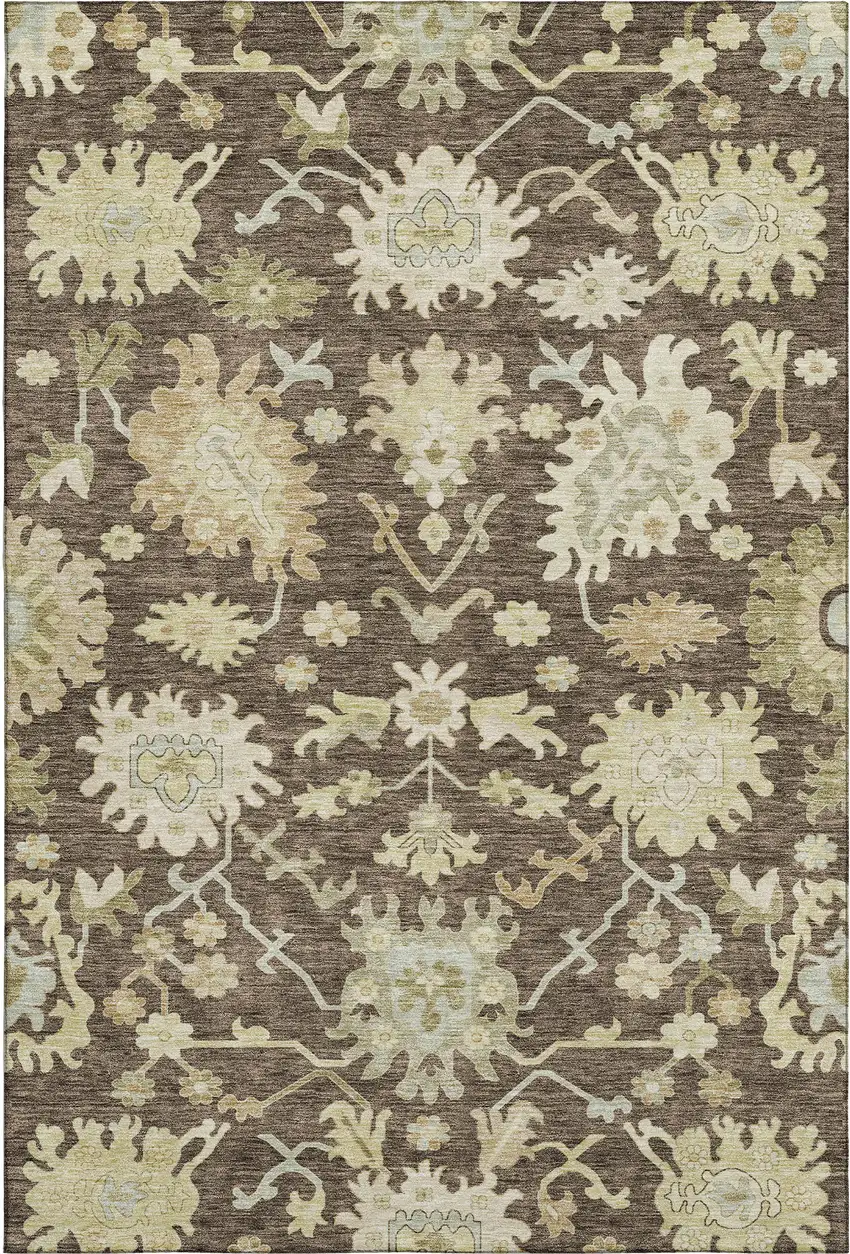 Chocolate Beige And Ivory Floral Medallion Washable Area Rug With UV Protection Photo 4
