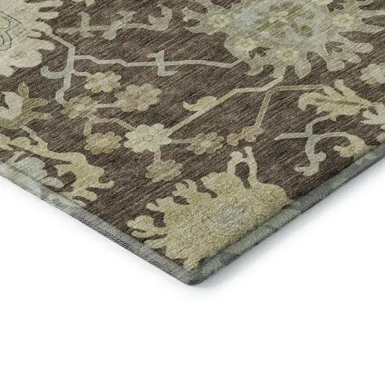 Chocolate Beige And Ivory Floral Medallion Washable Area Rug With UV Protection Photo 6