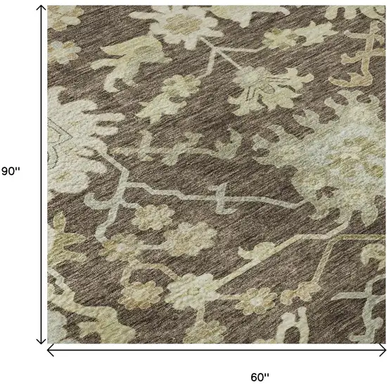Chocolate Beige And Ivory Floral Medallion Washable Area Rug With UV Protection Photo 8