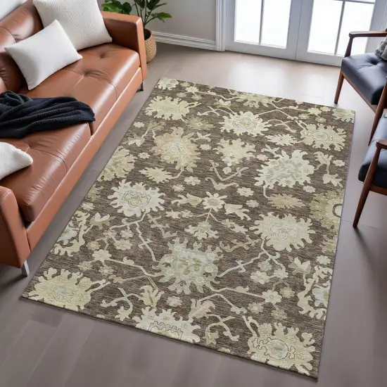Chocolate Beige And Ivory Floral Medallion Washable Area Rug With UV Protection Photo 3