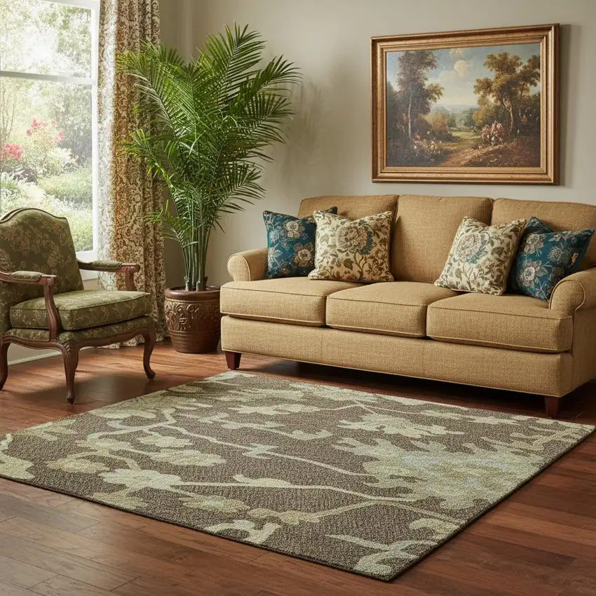 Chocolate Beige And Ivory Floral Medallion Washable Area Rug With UV Protection Photo 2