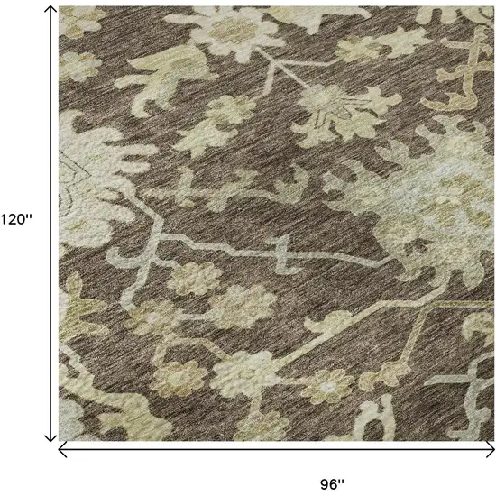 Chocolate Beige And Ivory Floral Medallion Washable Area Rug With UV Protection Photo 9