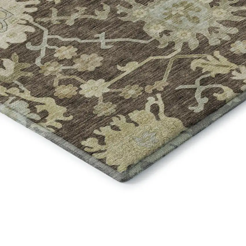 Chocolate Beige And Ivory Floral Medallion Washable Area Rug With UV Protection Photo 7