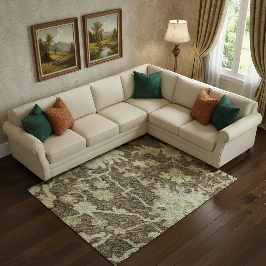 Chocolate Beige And Ivory Floral Medallion Washable Area Rug With UV Protection Photo 2