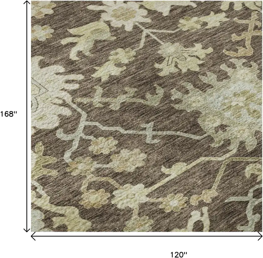Chocolate Beige And Ivory Floral Medallion Washable Area Rug With UV Protection Photo 9
