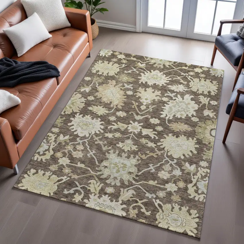 Chocolate Beige And Ivory Floral Medallion Washable Area Rug With UV Protection Photo 4