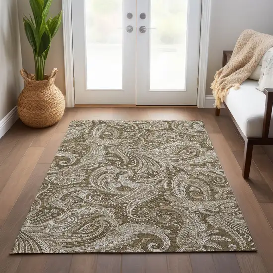 Chocolate Beige And Ivory Paisley Washable Indoor Outdoor Area Rug Photo 8