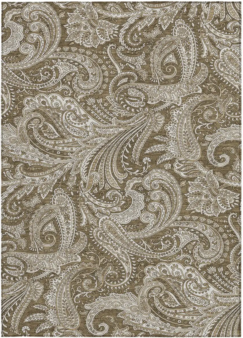 Chocolate Beige And Ivory Paisley Washable Indoor Outdoor Area Rug Photo 5