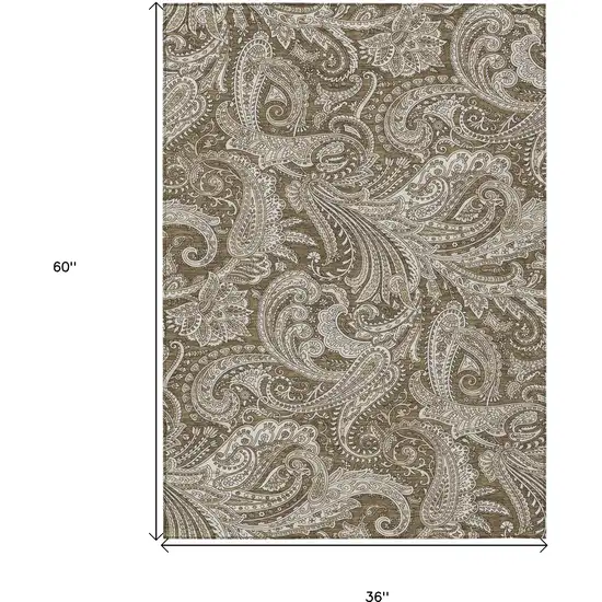 Chocolate Beige And Ivory Paisley Washable Indoor Outdoor Area Rug Photo 3