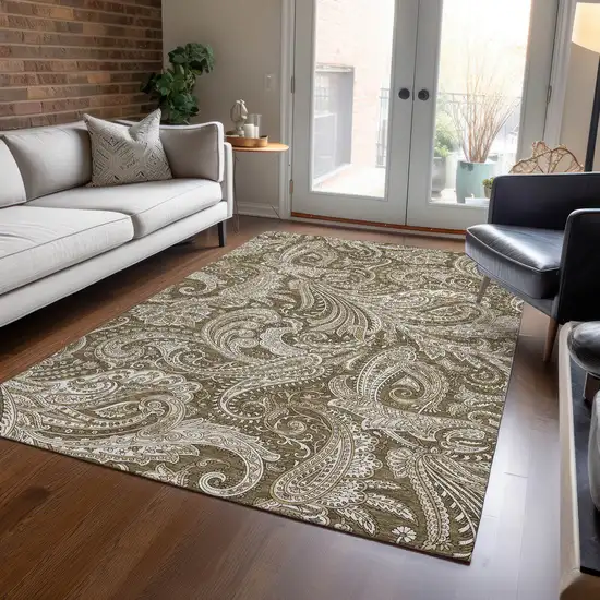 Chocolate Beige And Ivory Paisley Washable Indoor Outdoor Area Rug Photo 7